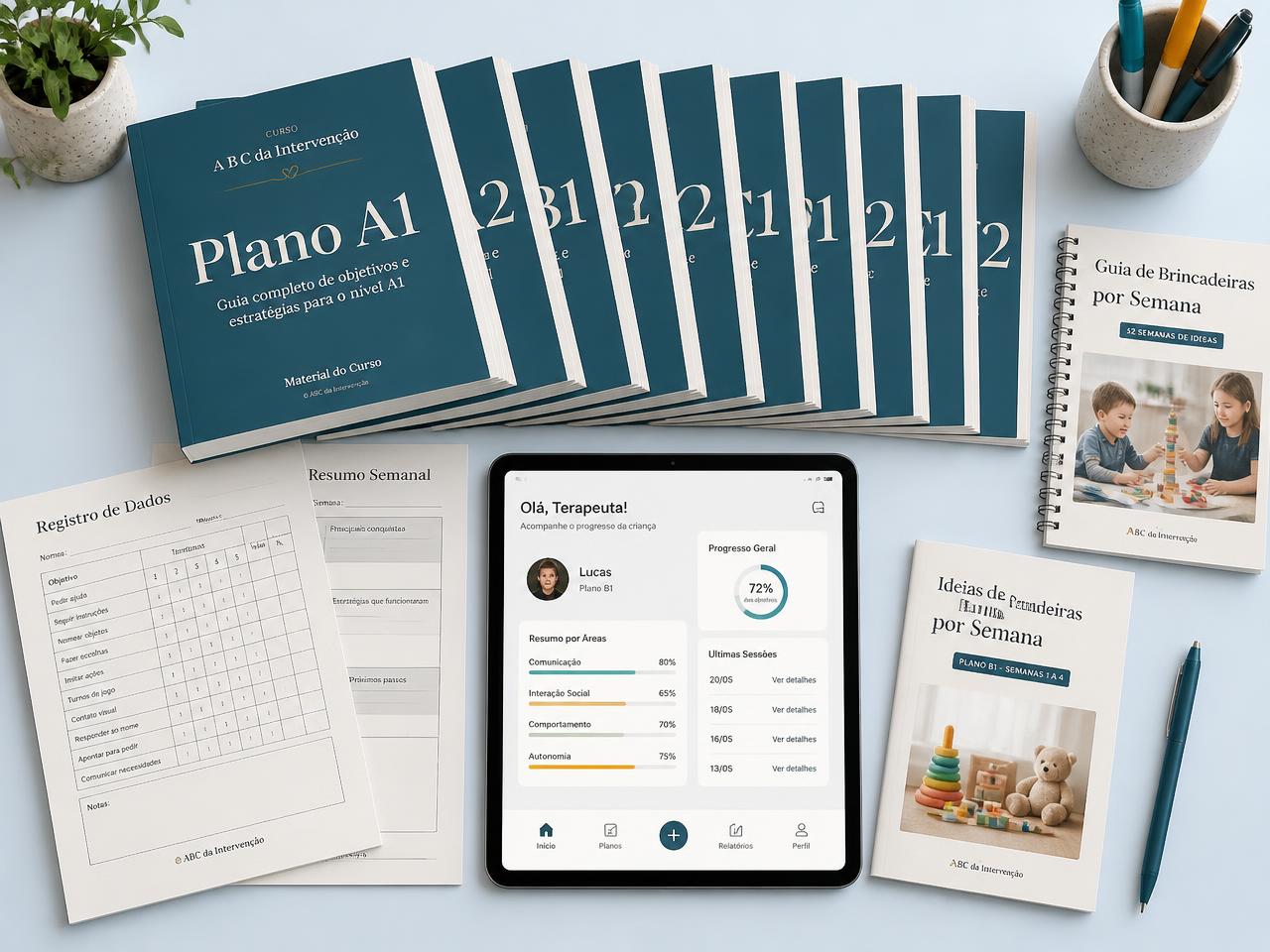 Materiais do curso: planos impressos, guias semanais, fichas de registro e o app de acompanhamento